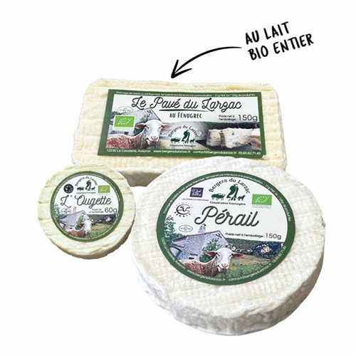 Nos douceurs, fromages de brebis bio, Le Pérail, l'Ougette et le Pavé au fenugrec des Bergers du Larzac, Fabriqué en Aveyron